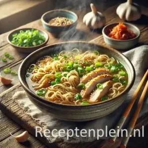 Koreaanse kippensoep met noedels op een rustieke houten tafel