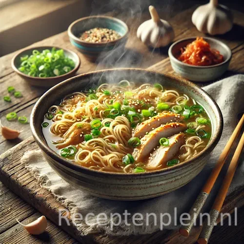 Koreaanse kippensoep met noedels op een rustieke houten tafel
