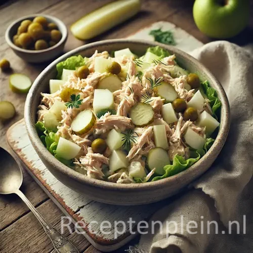 Koude kipsalade op rustieke houten tafel