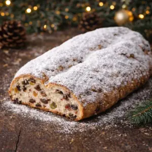 Traditionele Duitse kerststol met rozijnen, sukade en poedersuiker, feestelijk gepresenteerd op een houten tafel met kerstdecoratie.