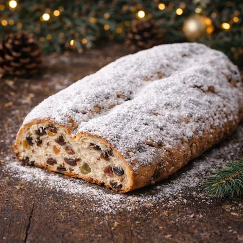 Traditionele Duitse kerststol met rozijnen, sukade en poedersuiker, feestelijk gepresenteerd op een houten tafel met kerstdecoratie.