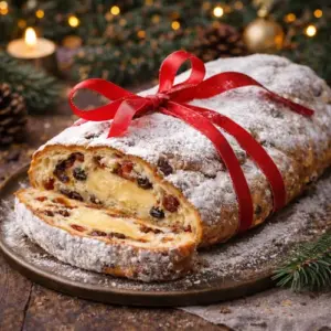 Traditionele krentenstol met poedersuiker, gevuld met amandelspijs en omwikkeld met een rood lint, feestelijk gepresenteerd op een robuuste houten tafel.