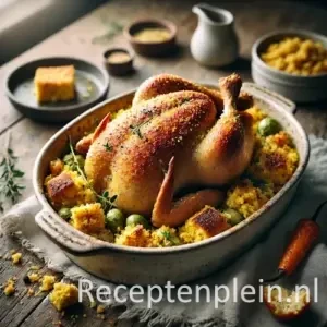 Krielkip gevuld met maïsbrood op rustieke houten tafel