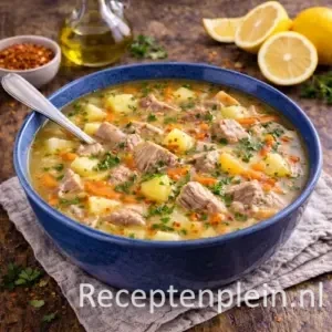 Kroatische zure soep met varkensvlees en citroen in een blauwe kom op een rustieke houten tafel, verder uitgezoomd met citroenpartjes, olijfolie en kruiden ernaast
