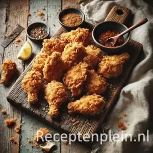 Krokante kip op rustieke houten tafel