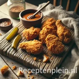 Krokante kip uit Kentucky op rustieke houten tafel