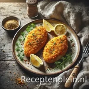 Kruidig gepaneerde kipfilets op rustieke houten tafel