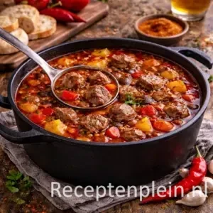 Kruidige goulashsoep met paprika en rundvlees in een zwarte gietijzeren pan op een rustieke houten tafel, verder uitgezoomd met brood, chilipepers en kruiden ernaast