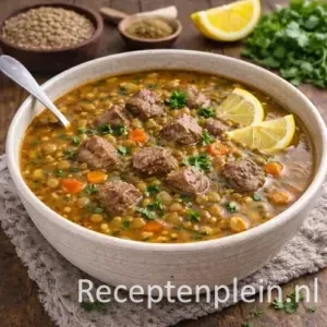 Kruidige Libanese linzensoep met lamsvlees en citroen in een kom op een rustieke houten tafel, uitgezoomd met linzen, citroenpartjes en verse kruiden ernaast