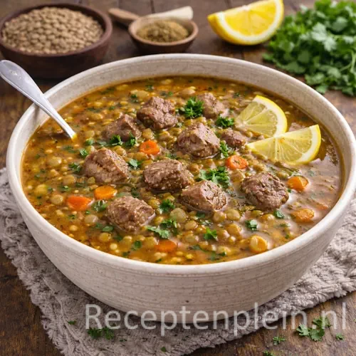 Kruidige Libanese linzensoep met lamsvlees en citroen in een kom op een rustieke houten tafel, uitgezoomd met linzen, citroenpartjes en verse kruiden ernaast