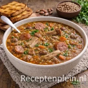 Kruidige bruine bonensoep met geroosterd brood in een diepe kom