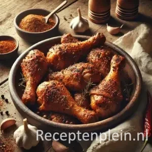 Kruidige kippenpootjes op rustieke houten tafel