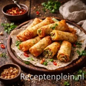 Loempia's van Astrid Veltman 2 op rustieke houten tafel.