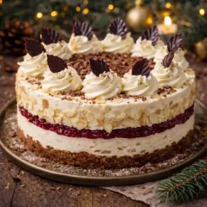 Luchtige kersttaart met drie lagen, cranberrycompote, slagroomrozetten, amandelschaafsel en chocoladedecoratie, feestelijk geserveerd.