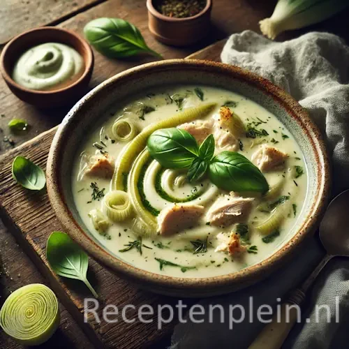 Maaltijd preisoep met kip en basilicumroom op rustieke houten tafel