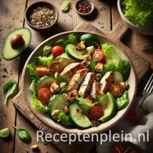 Maaltijdsalade met kip op rustieke houten tafel