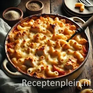 Macaroni kipschotel op rustieke houten tafel