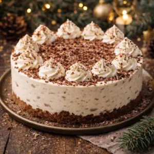 Romige mascarpone kersttaart met chocoladevlokken en slagroom op een speculaasbodem, feestelijk geserveerd met kerstdecoratie.