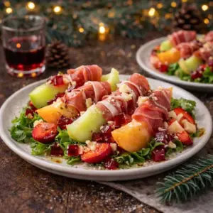 Feestelijk voorgerecht met meloenparten, Coburger hamroosjes, aardbeien, rode portgelei en oude kaas, geserveerd op eikenbladsla.
