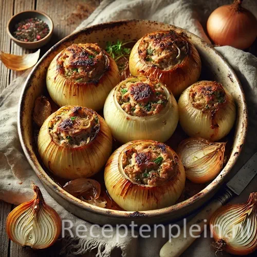 Met kippenlevertjes gevulde uien op rustieke houten tafel