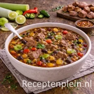 Mexicaanse bonensoep met prei en varkensvlees in een kom op een rustieke houten tafel, verder uitgezoomd met jalapeño, limoen en verse kruiden ernaast