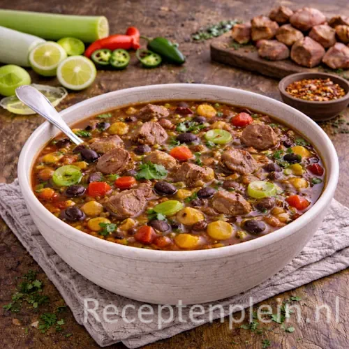 Mexicaanse bonensoep met prei en varkensvlees in een kom op een rustieke houten tafel, verder uitgezoomd met jalapeño, limoen en verse kruiden ernaast