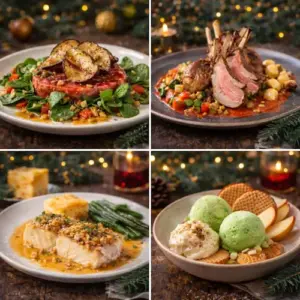 Feestelijk modern kerstmenu met carpaccio, lamsrack op ratatouille, kabeljauw in saffraansaus en appelijsdessert, geserveerd op rustieke houten tafel met kerstdecoratie.
