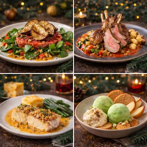 Feestelijk modern kerstmenu met carpaccio, lamsrack op ratatouille, kabeljauw in saffraansaus en appelijsdessert, geserveerd op rustieke houten tafel met kerstdecoratie.