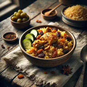 Nasi keboeli ajam op rustieke houten tafel