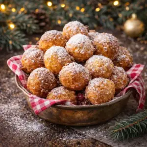 Traditionele Kroatische oliebollen, goudbruin en bestoven met poedersuiker, geserveerd in een messing schaal met rood geruite doek op een rustieke kersttafel met dennentakken en lichtjes.
