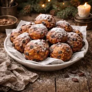 Klassieke oliebollen met rozijnen, goudbruin gefrituurd en uitgelekt op keukenpapier, geserveerd op een rustieke houten tafel tijdens Oud & Nieuw