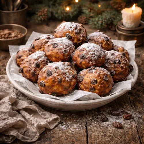Klassieke oliebollen met rozijnen, goudbruin gefrituurd en uitgelekt op keukenpapier, geserveerd op een rustieke houten tafel tijdens Oud & Nieuw