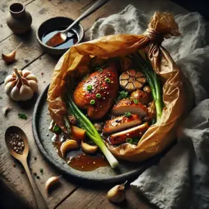 Oosterse kip uit de braadzak op rustieke houten tafel
