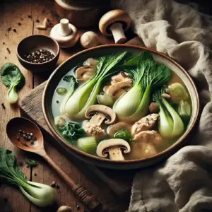 Oosterse kippenbouillon met paddestoelen en paksoi op rustieke houten tafel