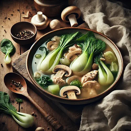Oosterse kippenbouillon met paddestoelen en paksoi op rustieke houten tafel