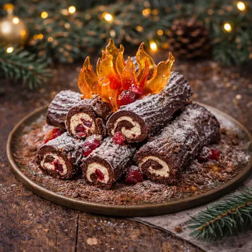 Feestelijke openhaard blokken van chocoladerolletjes met roomvulling, frambozen en gesmolten chocolade, versierd met suiker-vlammen op een rustieke kersttafel.