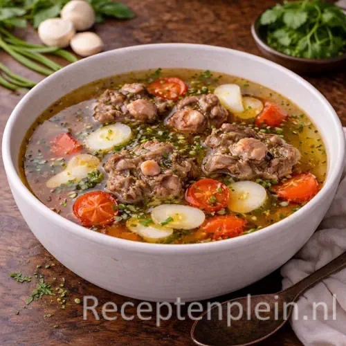 Een diepbruine bouillon met malse stukjes vlees voor het recept Authentieke Ossenstaartbouillon met Madeira maken.