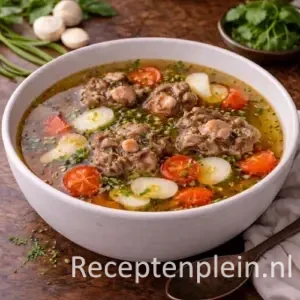 Een diepdonkere heldere soep met bieslook voor het recept Krachtige Ossenstaartbouillon met Mierikswortel maken.