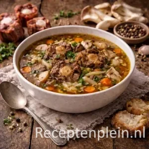 Stevige kom ossenstaartsoep met malse stukken vlees, oesterzwammen, wortel en kruiden, geserveerd op een rustieke houten tafel met rauwe ossenstaart, verse paddenstoelen, knoflook, peperkorrels, brood en een linnen doek bij warm natuurlijk licht.