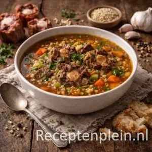 Gevulde kom ossenstaartsoep met parelgort, stukken mals vlees, wortel en bleekselderij, geserveerd op een rustieke houten tafel met rauwe ossenstaart, knoflook, peperkorrels, brood en een linnen doek bij warm natuurlijk licht.