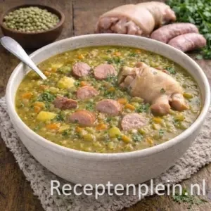 Oud-Hollandse erwtensoep met verse worst en groenten in een diepe kom