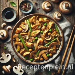 Paddestoelenroerbak met kip op een rustieke houten tafel