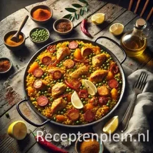 Paella op een rustieke houten tafel