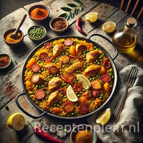 Paella op een rustieke houten tafel