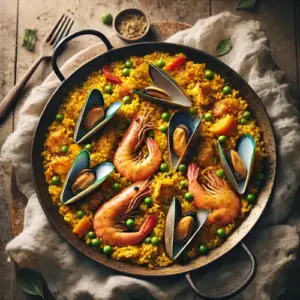 Paella van Astrid Veltman op rustieke houten tafel