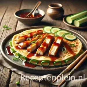 Pannenkoekjes Peking met kipreepjes op een rustieke houten tafel
