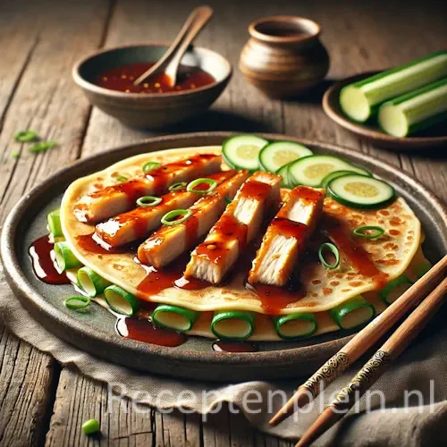 Pannenkoekjes Peking met kipreepjes op een rustieke houten tafel