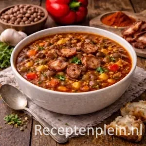 Kom rijke paprikasoep met bruine bonen, blokjes paprika en knapperig spek, geserveerd op een rustieke houten tafel met hele paprika’s, knoflook, gedroogde bonen, kruiden, brood en een linnen doek bij warm natuurlijk licht.