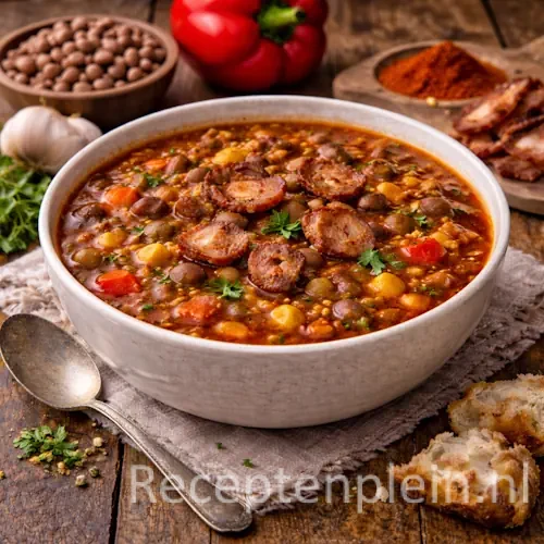 Kom rijke paprikasoep met bruine bonen, blokjes paprika en knapperig spek, geserveerd op een rustieke houten tafel met hele paprika’s, knoflook, gedroogde bonen, kruiden, brood en een linnen doek bij warm natuurlijk licht.