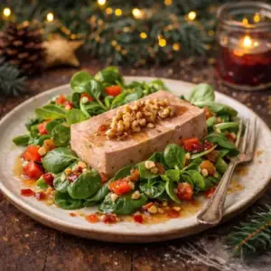Feestelijke kerstsalade met plakje paté op veldsla, gegarneerd met walnoten, blokjes tomaat en paprika, geserveerd op rustieke tafel met warme kerstdecoratie.
